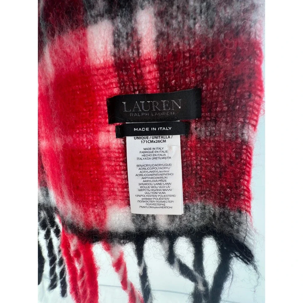 Lauren‎ Ralph Lauren Plaid Scarf Red Black White Monogram Logo Fringe Made Italy